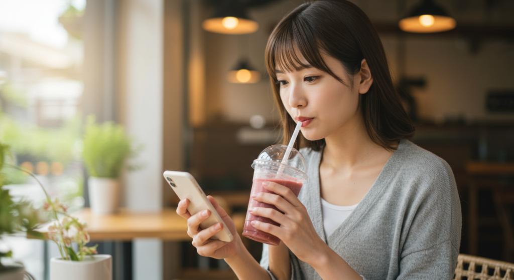 スマートフォンでダイエットのヒントをチェックしている20代後半の多忙な女性